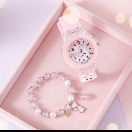 2pcs/Set Girls Glowing Watch, Cartoon Rabbit Quartz Watch And Beaded Cat Chain (No Box)