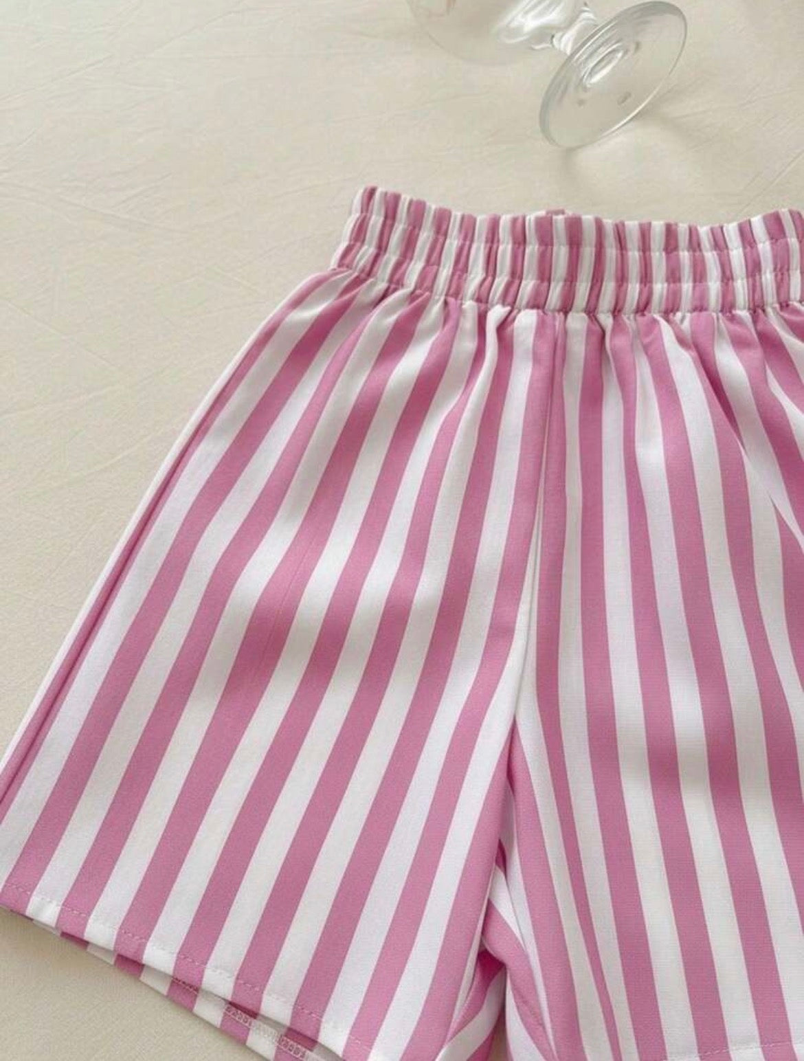 2pcs/Set Printed Short Sleeve Top And Striped Shorts