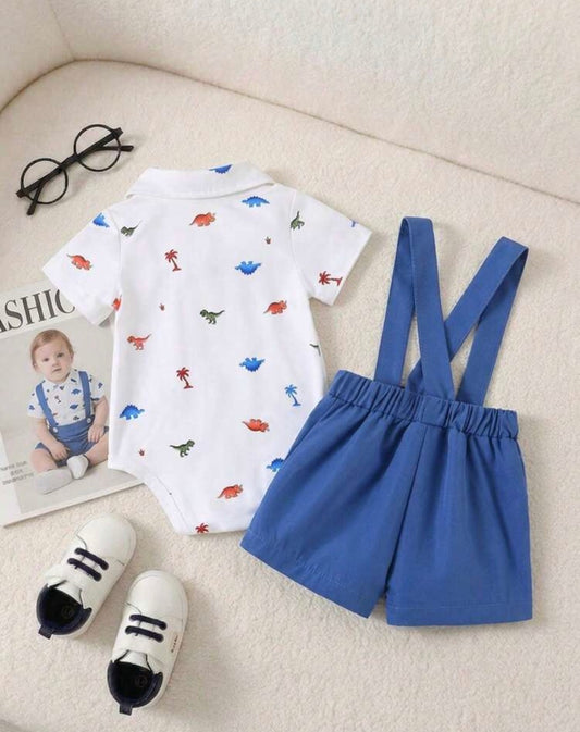 Romper With Bow Tie, White & Black Triangle Pattern Short Sleeve Shirt