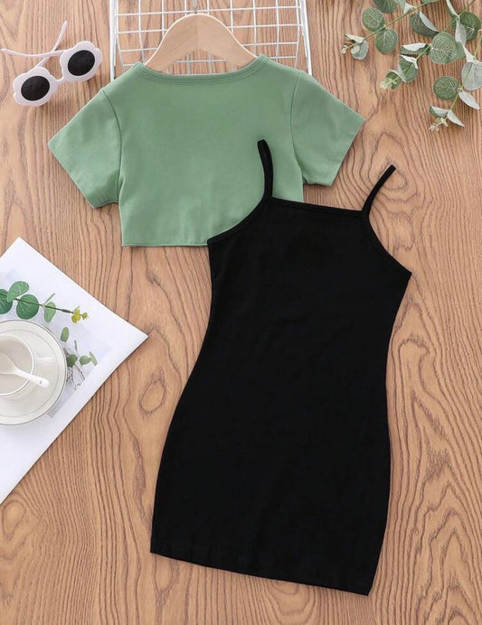 Round Neck Letter & Heart Print Short Sleeve T-Shirt And Cami Dress