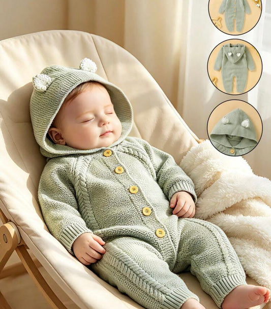1pc Newborn Infants Solid Color Hooded Knitted Jumpsuit winter