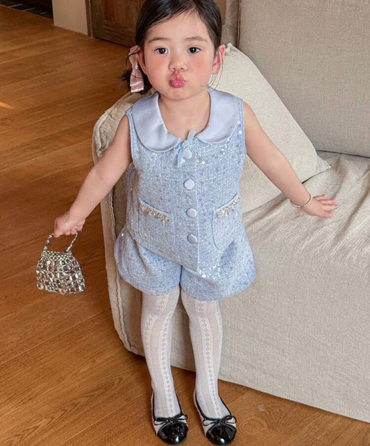 Peter Pan Collar Sophisticated Blue Vest & Shorts 2 Pieces