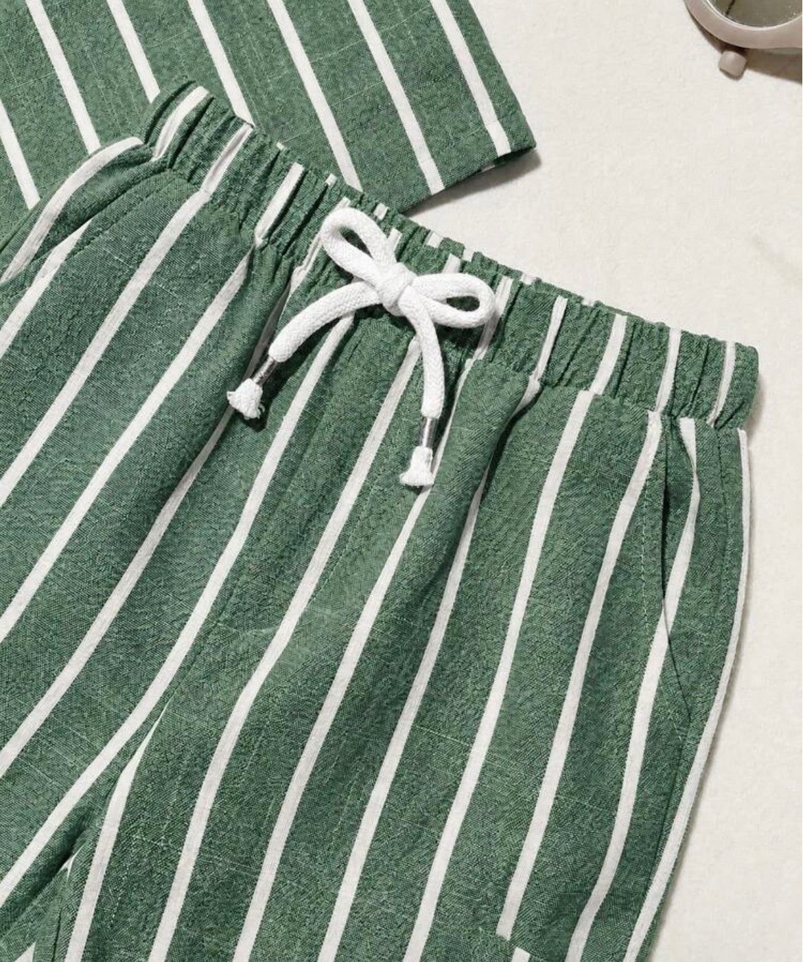 2pcs/Set Versatile Blue And White Striped Collar Short Sleeve Shirt And Long Pants