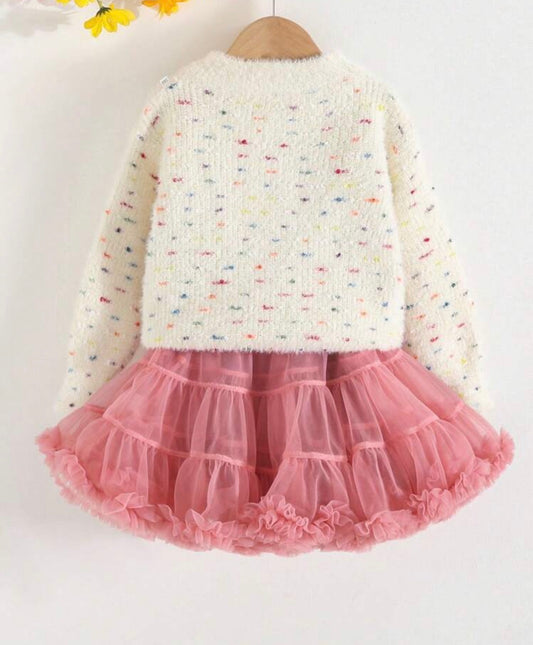 Crew Neck Long Sleeve Sweater And Mesh Skirt Set Winter