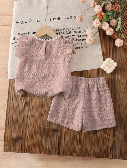 Vintaside Kids 2pcs/Set Baby Girl Casual Sweet Flutter Sleeve Tee Shirt Vest Top & Shorts