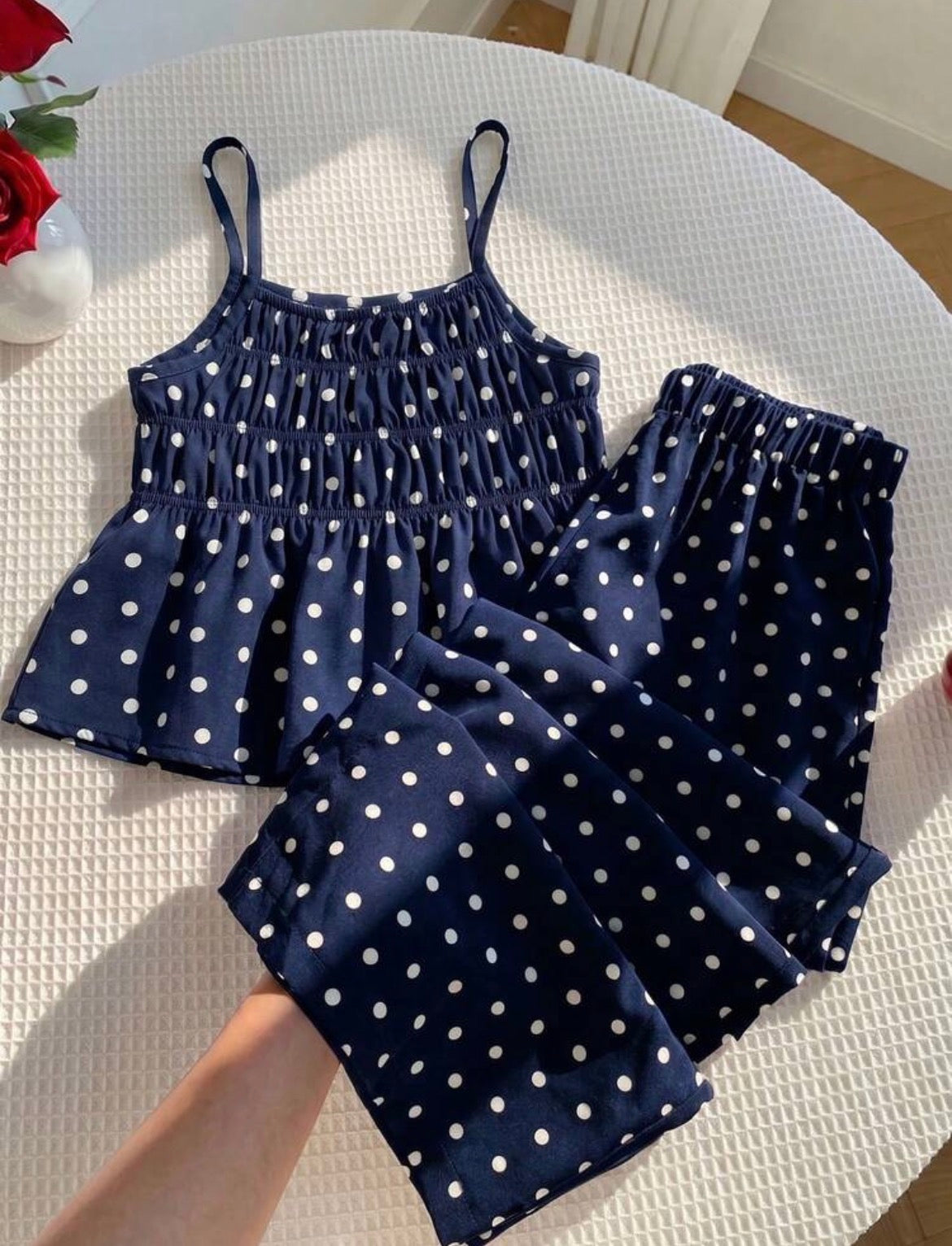Chiffon Polka Dot Camisole Top And Long Pants Set