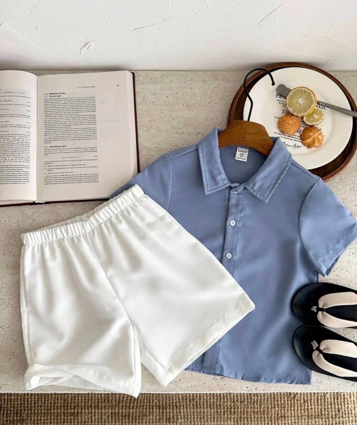 Letter Pattern Short Sleeve Collared Blue Woven Shirt Top And White Elastic Waist Shorts
