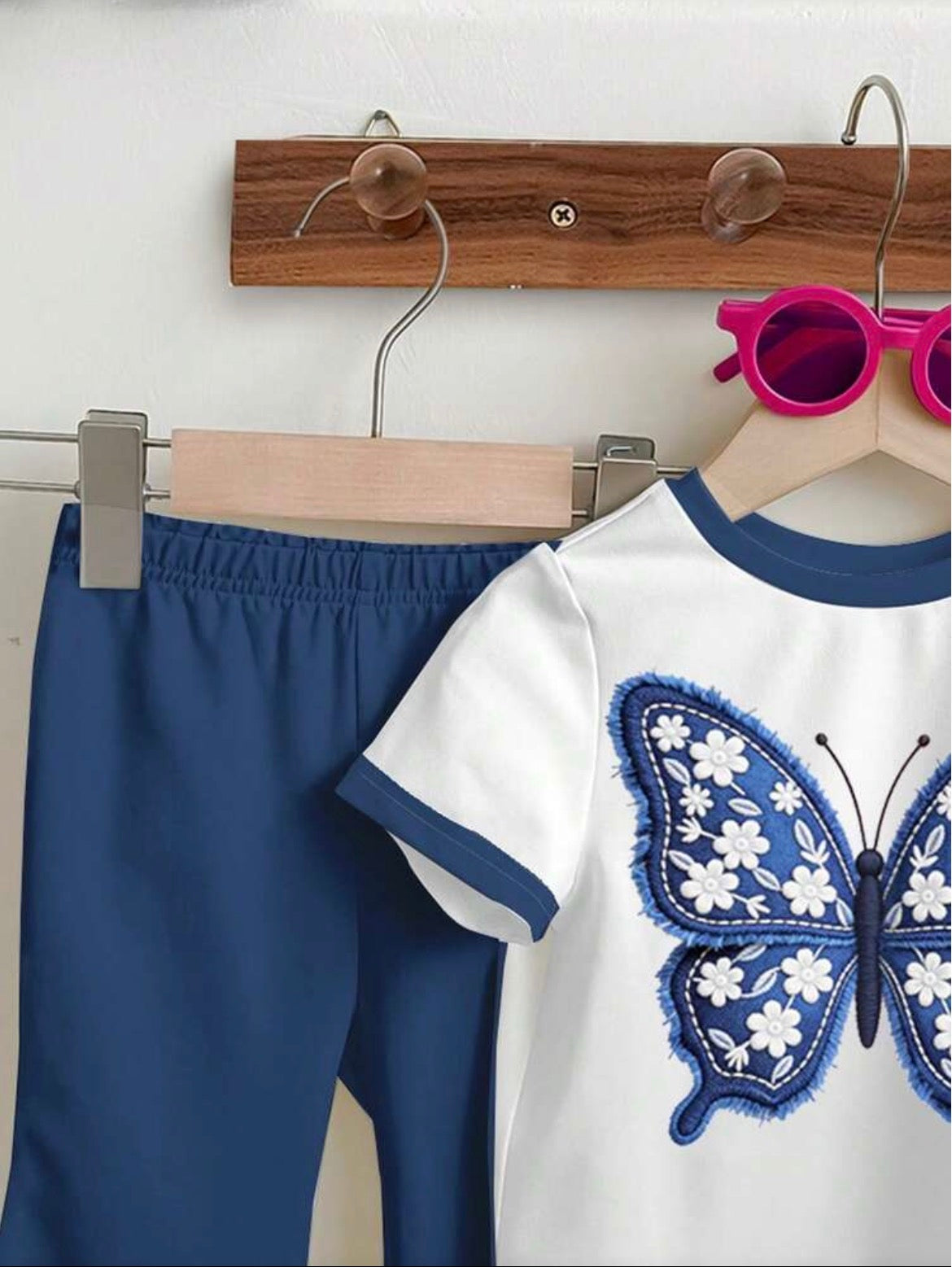 Butterfly Print Short Sleeve T-Shirt And Solid Color Flare Pants