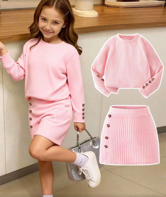 2pcs/Set Textured Long Sleeve T-Shirt And Textured Button Skirt