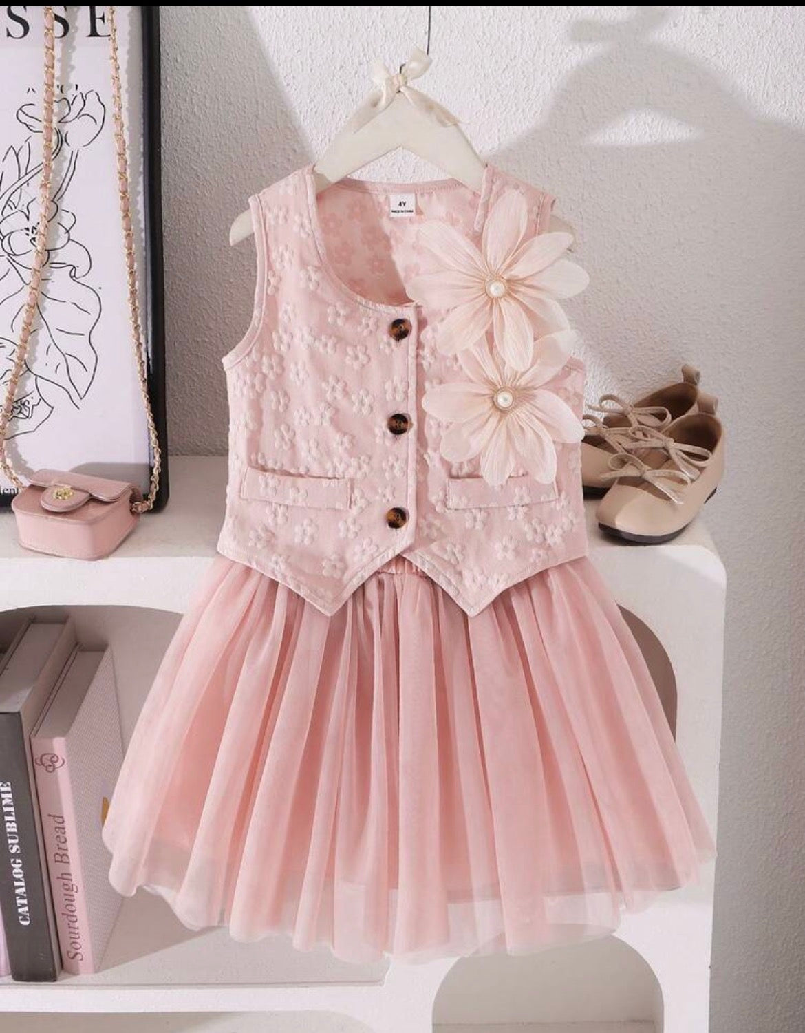 2pcs/Set Floral Cap Sleeve French Blouse Top + Skirt