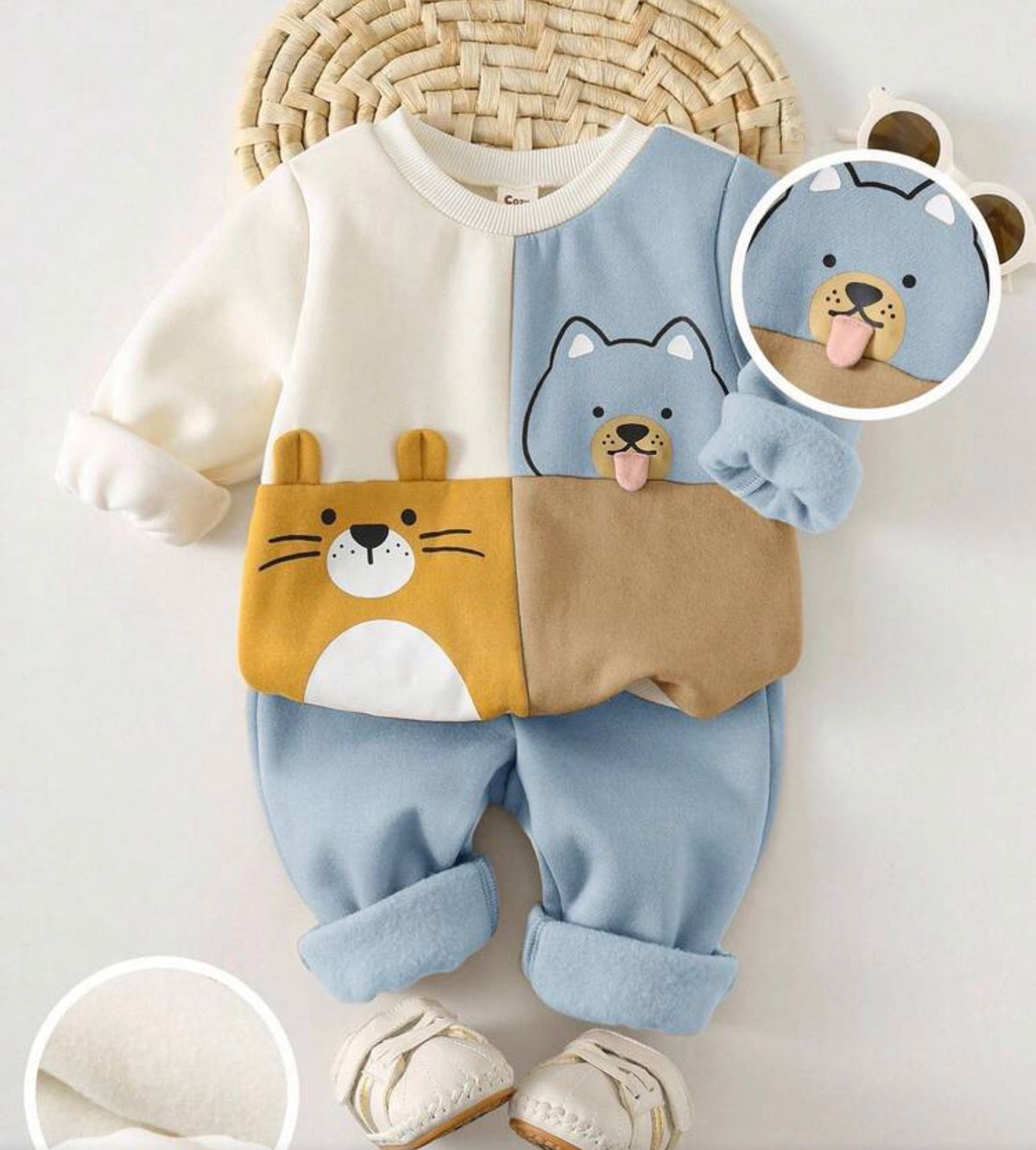 Winter 2pcs Animal Print Knit Neck Long Sleeve Pullover Sweatshirt And Elastic Waist Jogger Pants Set