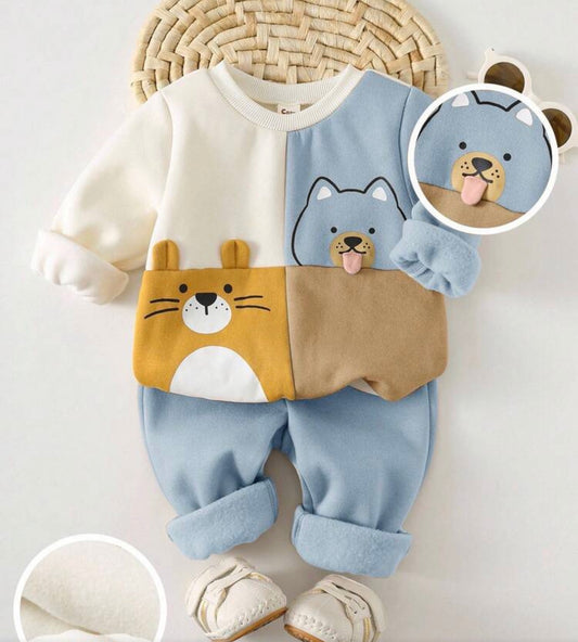 Winter 2pcs Animal Print Knit Neck Long Sleeve Pullover Sweatshirt And Elastic Waist Jogger Pants Set