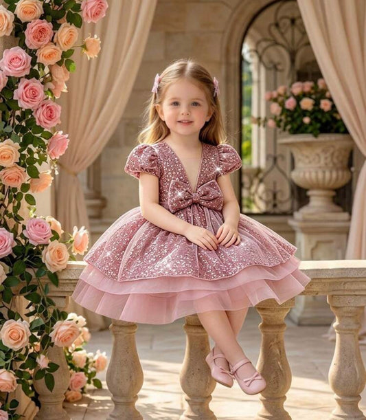 Baby Girls Short Sleeve Bow Sequin Tulle Cute Flower Girl Puff Dress