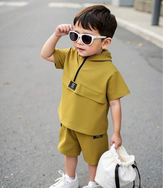 2 Pieces Hooded Jacket With Letter Print And Elastic Waist Shorts