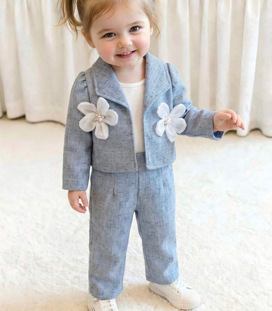 2 Pieces Set, Light Blue Tweed Short Blazer Paired With Matching Wide Leg Pants