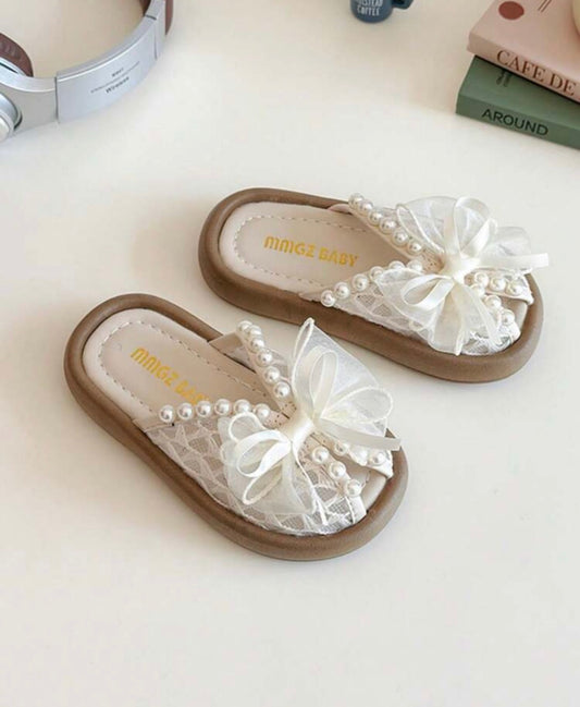 Pearl Bow Lace Open Toe Flat