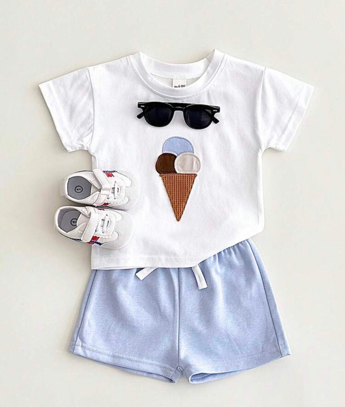 2pcs/Set Ice Cream Embroidery Short Sleeve Tee And Light Blue Shorts
