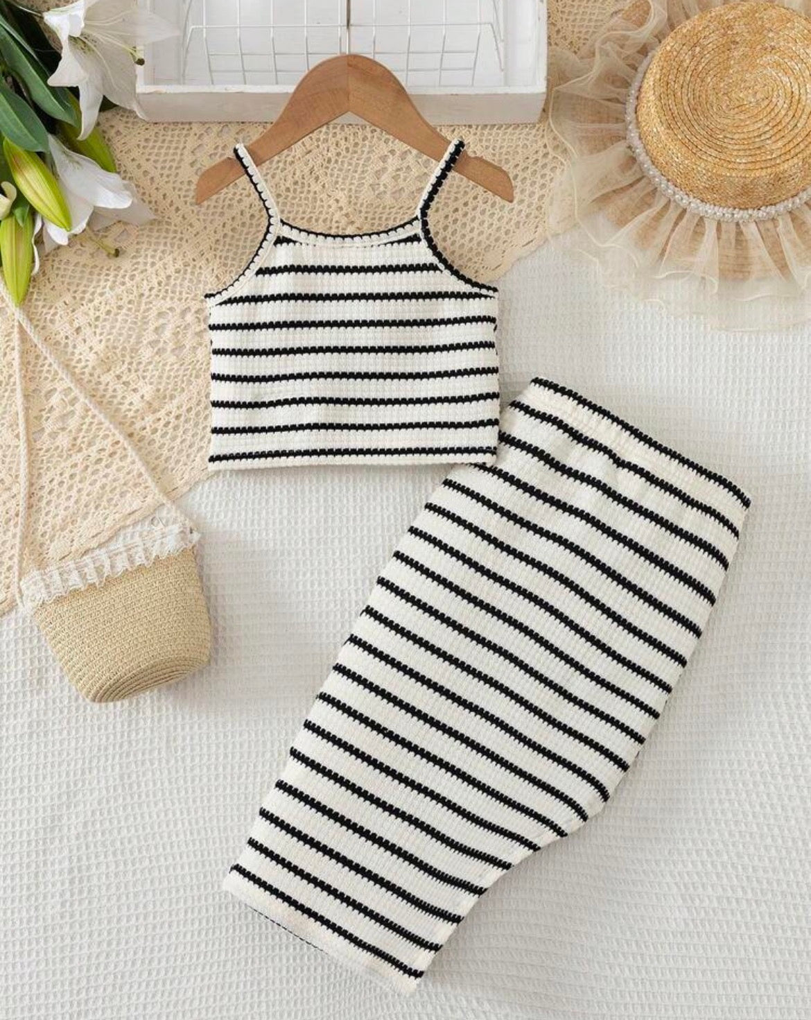 Black & White Striped Hollow-Out Knit Fabric, Fitted Silhouette With Spaghetti
