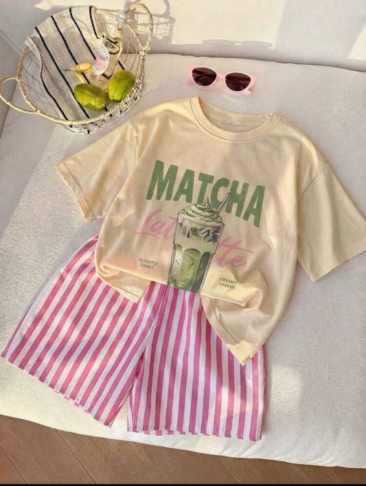 2pcs/Set Printed Short Sleeve Top And Striped Shorts