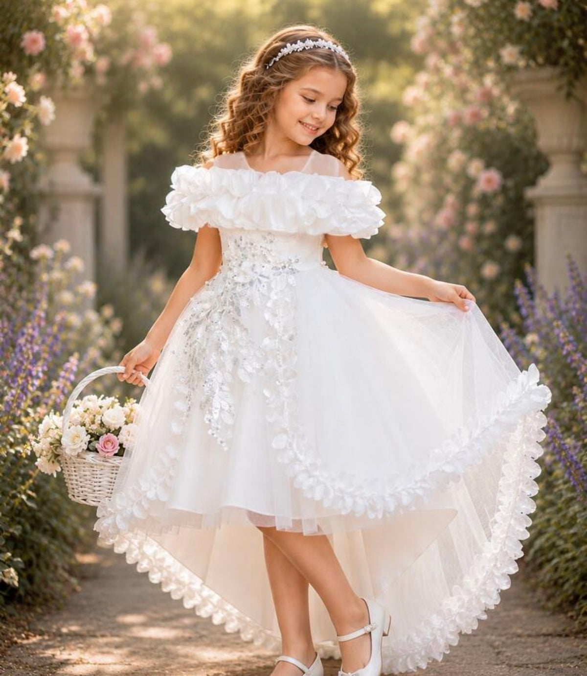 Lace Beaded Floral Petal Elegant Asymmetric Hem Flower Girl Wedding Party Princess Dress