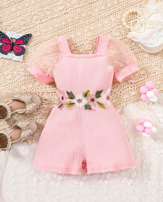 Floral Appliques Mesh Puff Sleeve Romper