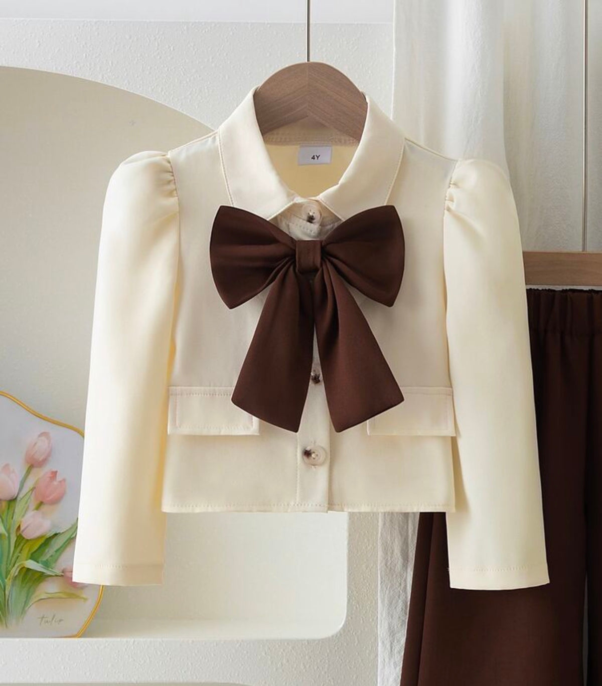Off‑White Top With Big Brown Bow + Coffee Wide‑Leg Pants 2‑Piece Suit