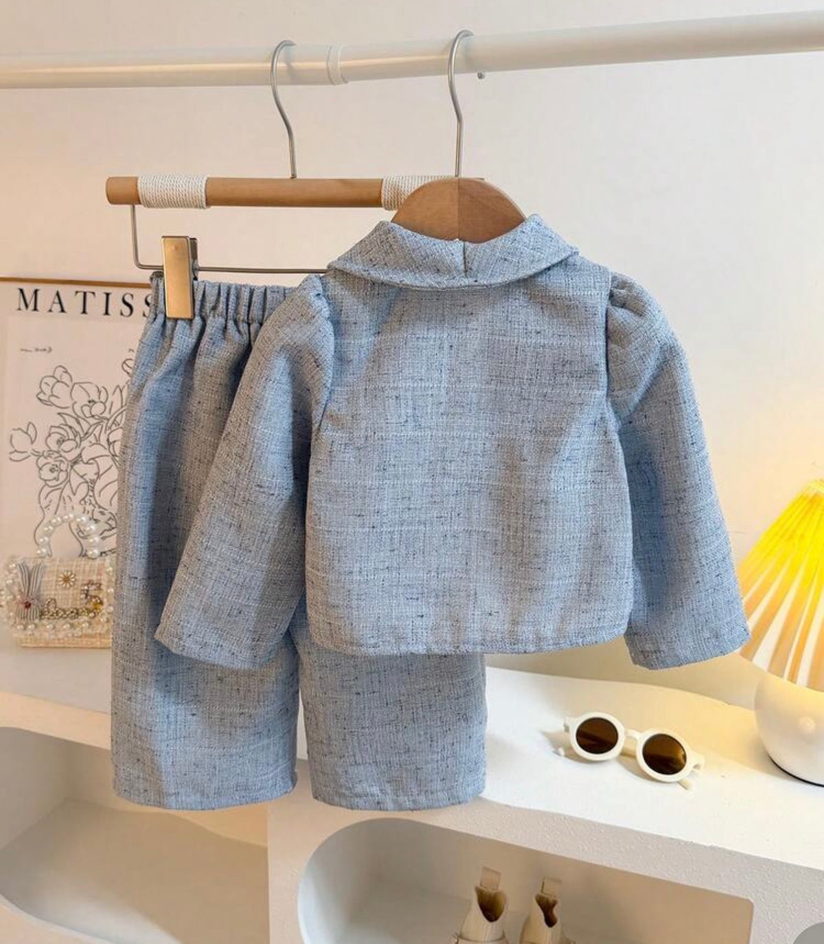 2 Pieces Set, Light Blue Tweed Short Blazer Paired With Matching Wide Leg Pants
