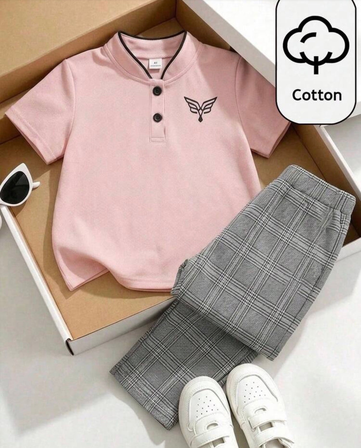 2pcs/Set Pink Polo Shirt & Plaid Shorts