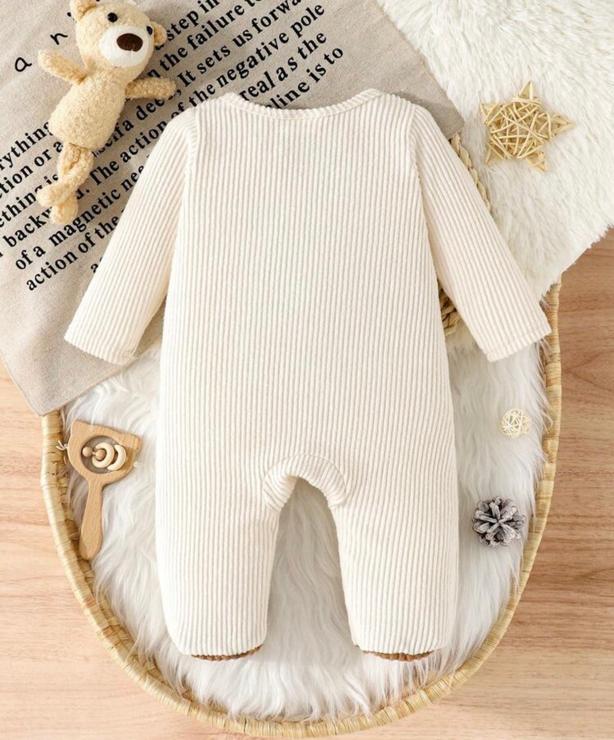 Newborn Baby Boy Apricot Bear Applique Embroidered Long Sleeve Footed Romper