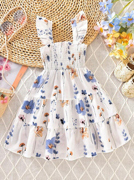 Floral Print Ruffle Layered Cap Sleeve Dress