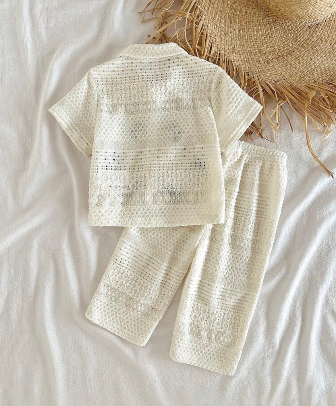 Loomiva Shirt Co-Ords 2pcs/Short Sleeve Shirt Knit Top And Long Pants Wide Leg Pants