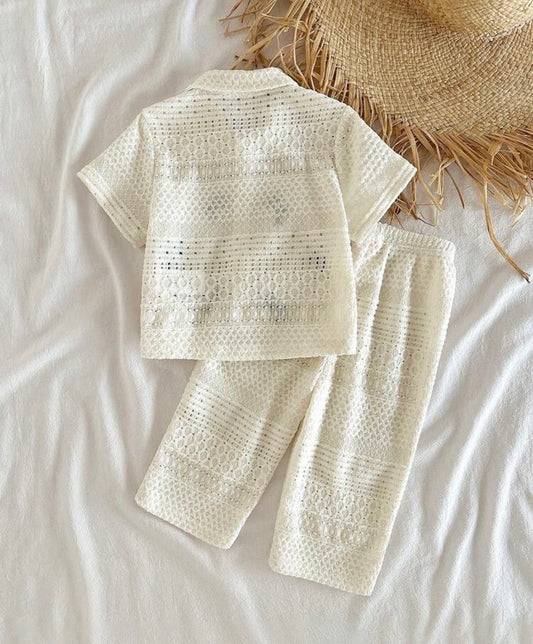 Loomiva Shirt Co-Ords 2pcs/Short Sleeve Shirt Knit Top And Long Pants Wide Leg Pants
