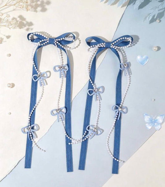 2pcs Blue Long Ribbon Hair Bows