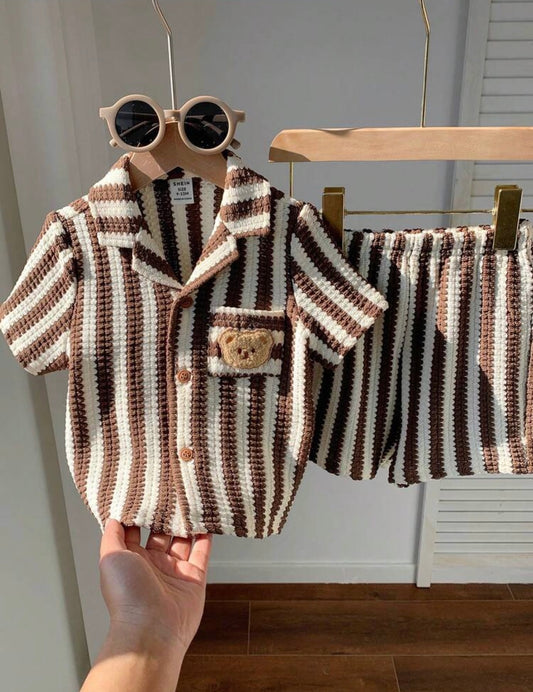 breach brown polka dot striped knit polo Shirt and elastics waist Shorts