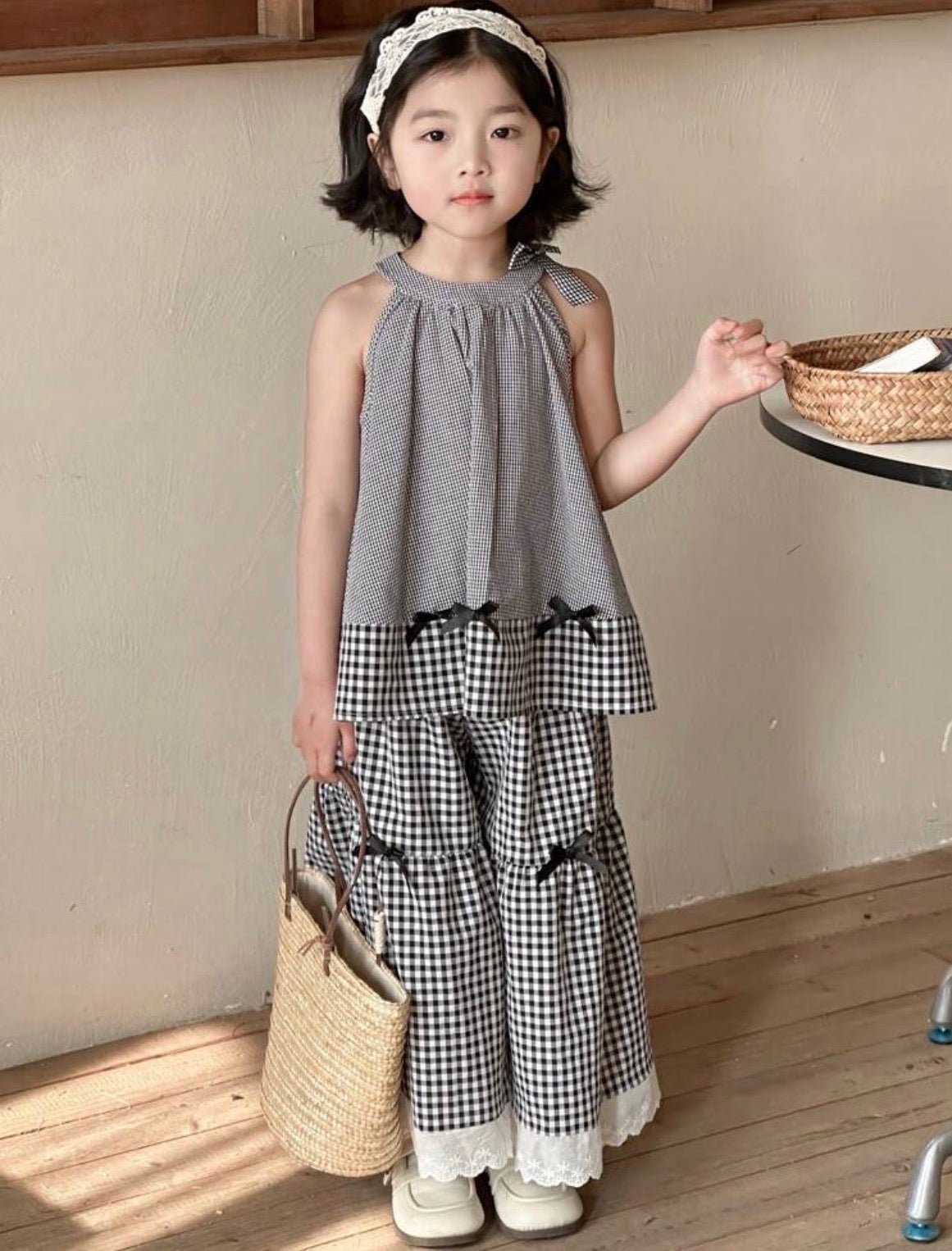 2pcs/Set Young Girl Plaid Patchwork Bow Decor Halter Top & Wide Leg Pants