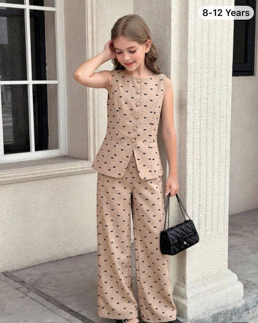 Flocked Bow Sleeveless Top And Straight Leg Pants Set