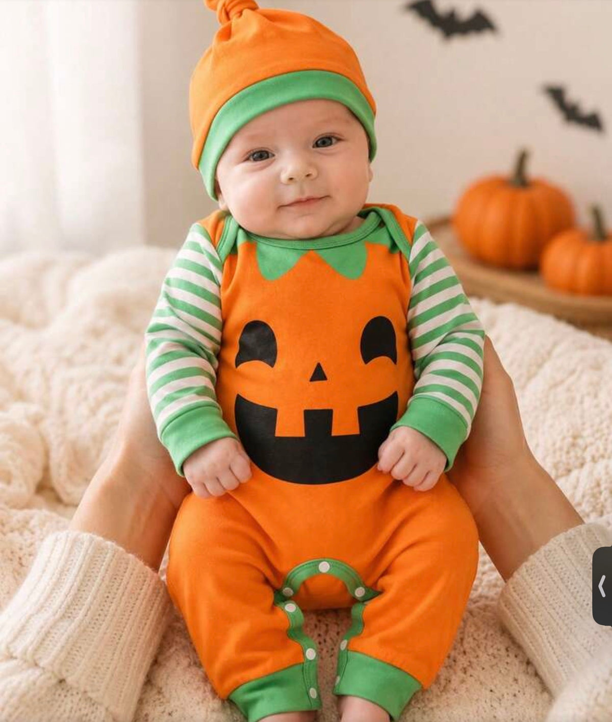 2pcs Toddler Newborn Baby Boy Ghost Pumpkin All-Over Print Halloween Party Crew Neck Long Sleeve Cuffed Jumpsuit With Hat