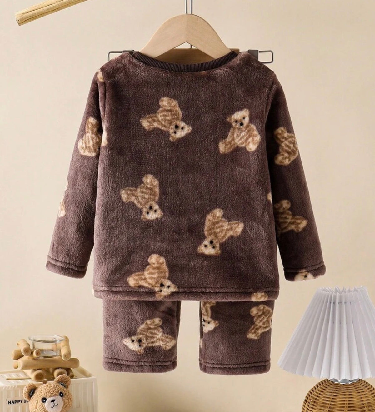 Winter Flannel Cartoon Bear Print Long Sleeve Top And Pants