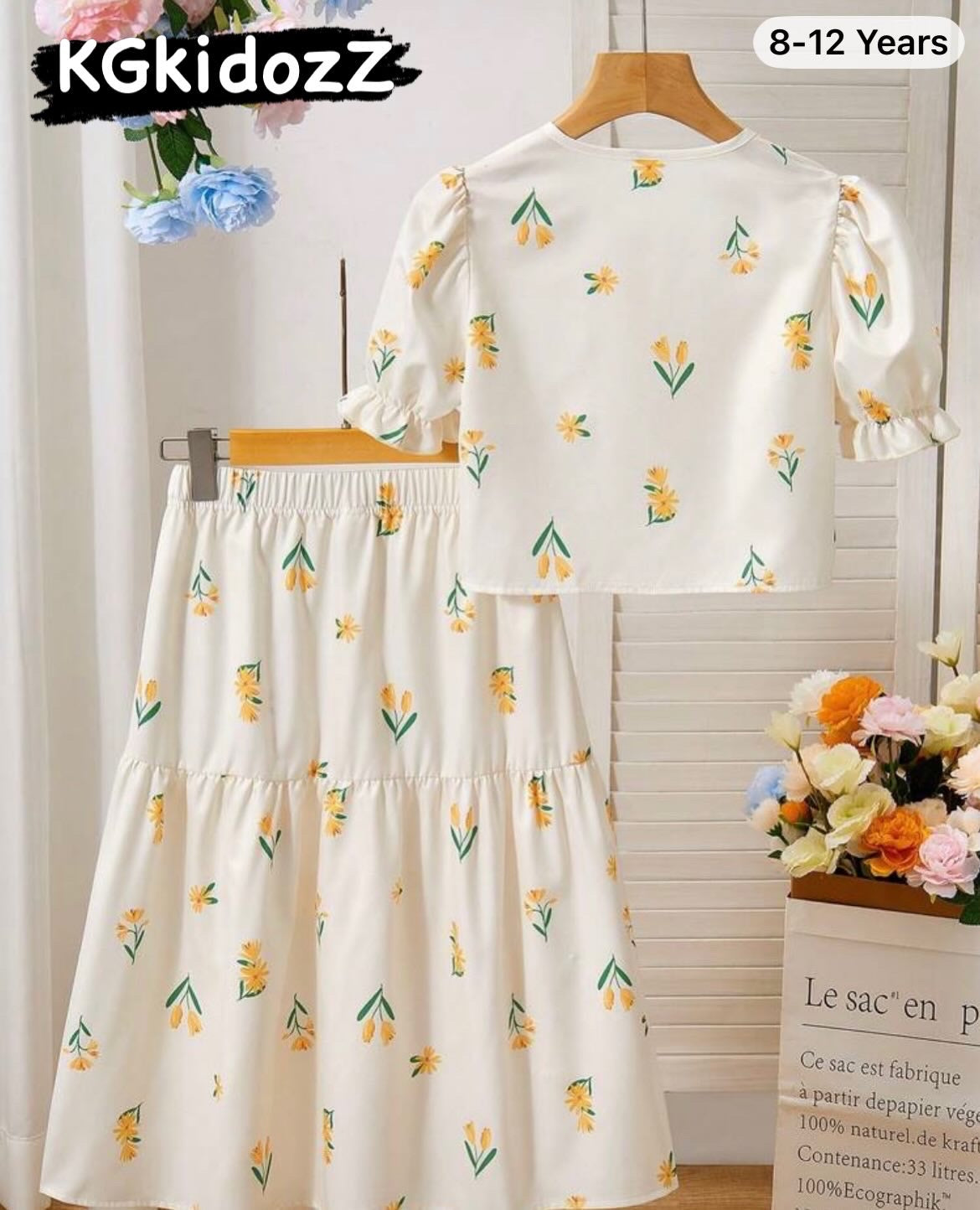 Print Petal Sleeve Shirt Asymmetric Button Skirt Set,