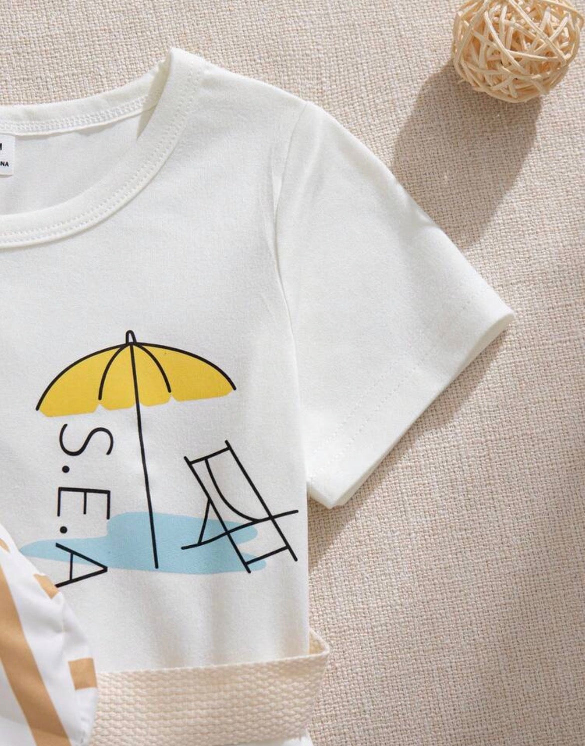 3-Piece Baby White Graphic Tee,Striped Shorts&Crossbody Bag