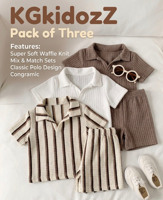 6pcs/Set Knit Striped Polo Shirt And Shorts Set
