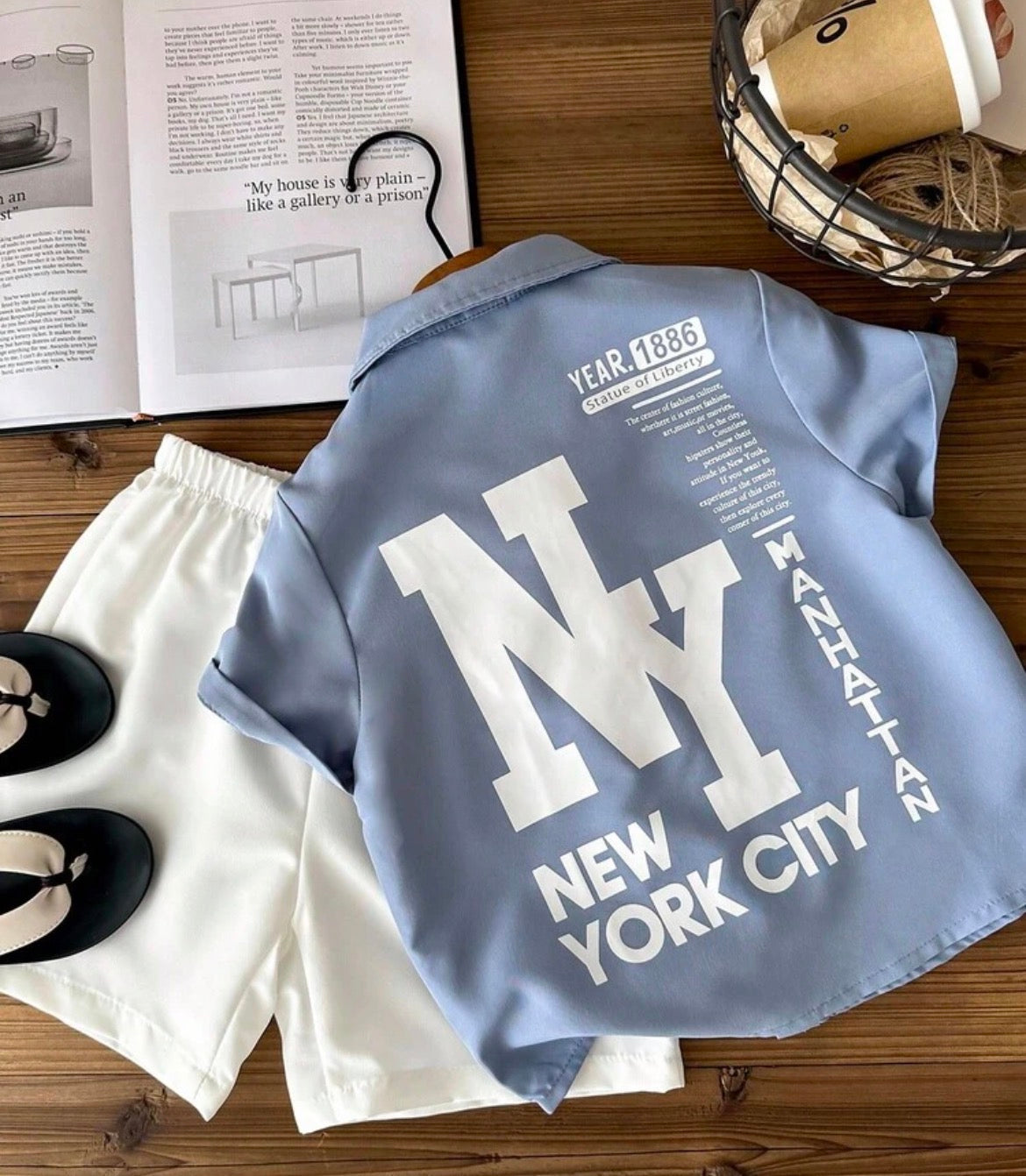Letter Pattern Short Sleeve Collared Blue Woven Shirt Top And White Elastic Waist Shorts