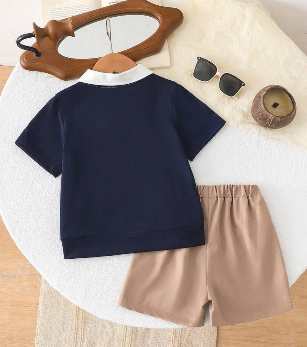 2pcs/Patchwork Contrast Polo Collar Short Sleeve T-Shirt And Solid Color Shorts With Pockets