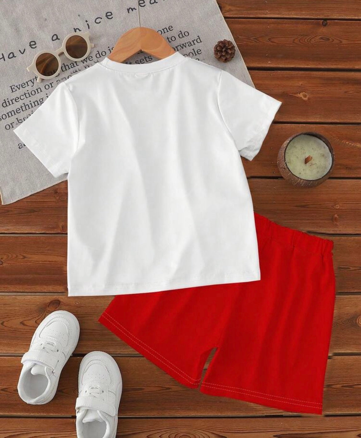 Hand-Drawn White T-Shirt With Vibrant Red Shorts
