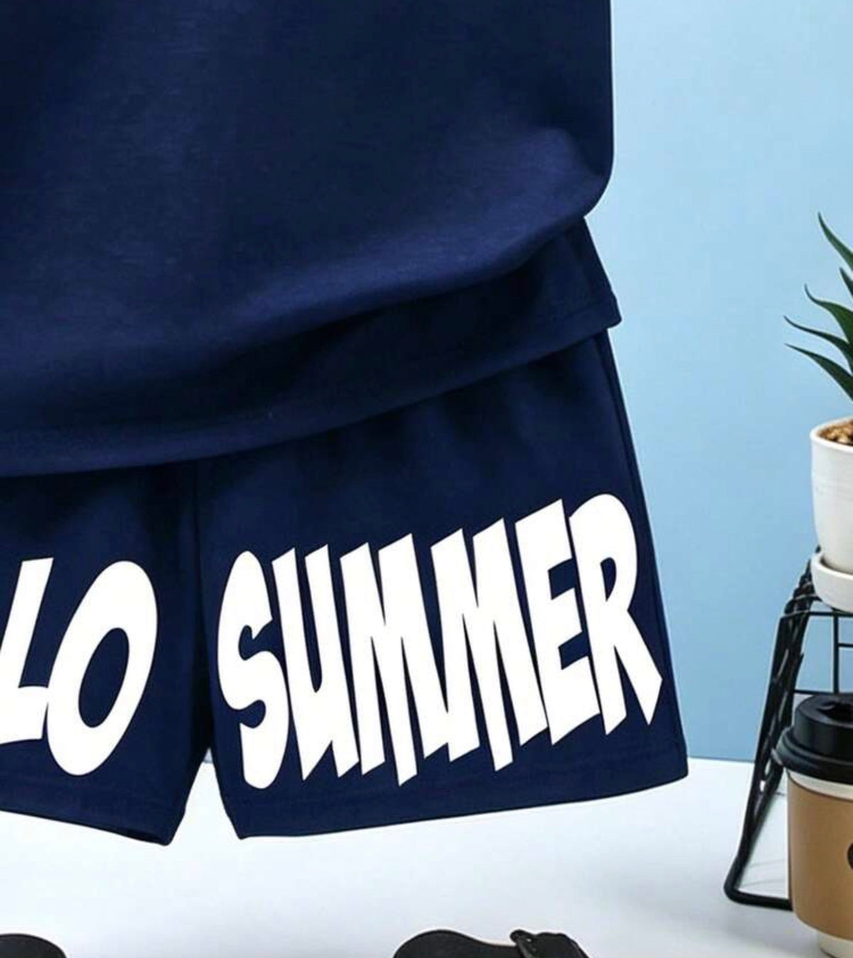 2pcs/Set Sleeveless Crew Neck Palm Tree Printed Top And Letter Shorts Outfit