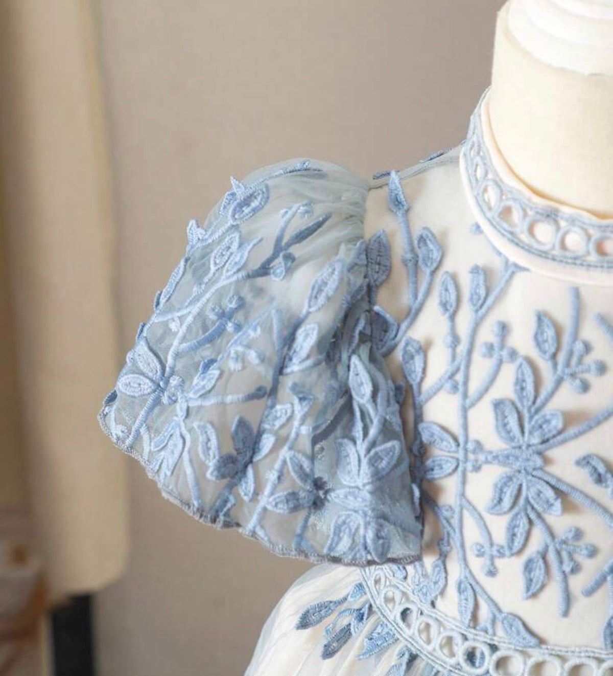Floral Embroidery Tulle Puff Sleeve