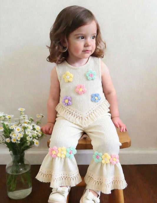 2pcs Floral Applique Hem Fringe Top And Bell Bottom Pants