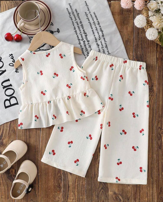 Cherry Print Sleeveless Cardigan + Elastic Waist Cherry Print Casual Pants
