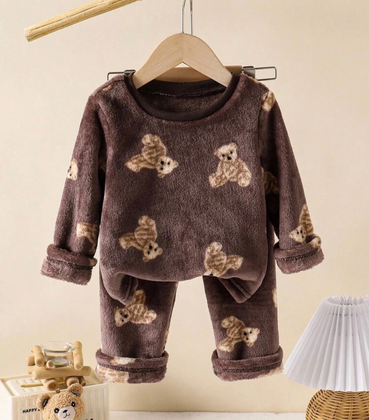 Winter Flannel Cartoon Bear Print Long Sleeve Top And Pants