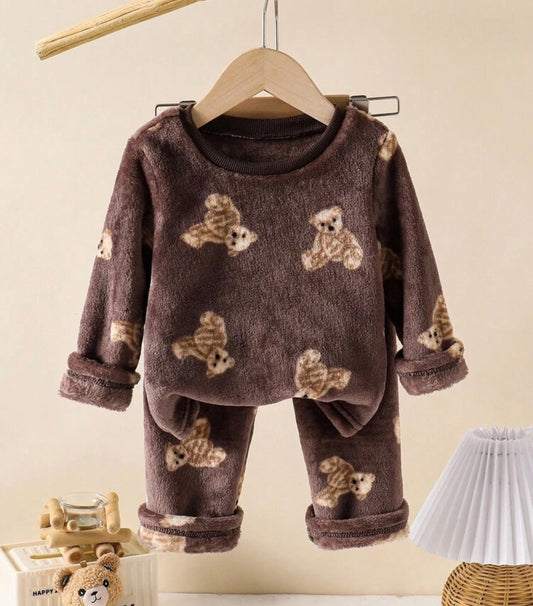 Winter Flannel Cartoon Bear Print Long Sleeve Top And Pants